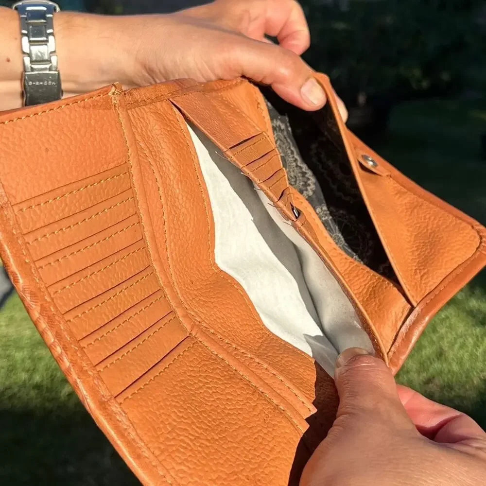 American West Handcrafted Leather Tooled Floral Concho Trifold Wallet Tan